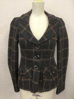 Womens, Blazer, NANETTE LEPORE, Charcoal Gray, Brown, Beige, Wool, Grid , Heathered, 0, Fuzzy Wool, Single Breasted, Collar Attached, Clover Lapel, 3 Buttons,  2 Flap Pockets with Pleats and Toggle/Loop Closure, Long Sleeves, Waist Seam, Pleated at Back Waist, Attached Self Back Belt