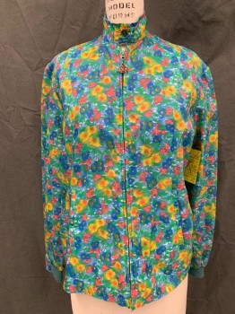 Womens, Jacket, COBER KNIT, Blue, Yellow, Pink, Lt Blue, Nylon, Floral, 6, Floral Watercolor Windbreaker, Zip Front, Button Tab Band Collar, Long Sleeves, 1/2 Ribbed Knit Cuff, 2 Pockets,