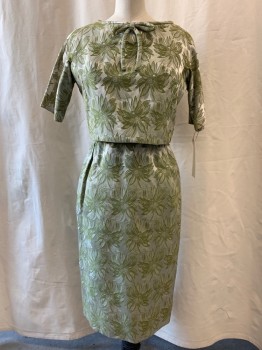Womens, 1960s Vintage, Dress, NO LABEL, Green, Silver, Synthetic, Floral, W 24, B 32, Round Neck, Sleeveless, Gathered Waist, Zip Back,