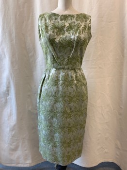 Womens, 1960s Vintage, Dress, NO LABEL, Green, Silver, Synthetic, Floral, W 24, B 32, Round Neck, Sleeveless, Gathered Waist, Zip Back,