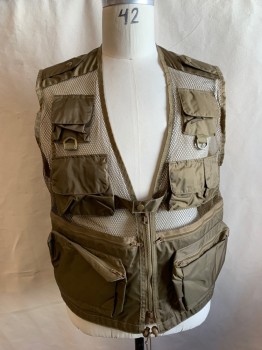 Mens, Wilderness Vest, ROTHCO, Brown, Nylon, Polyester, Solid, L, Zip Front, Deep V-neck, Mesh with Lots of Pockets and Zips, Epaulets, Drawstring Waist, Hunting and Fishing