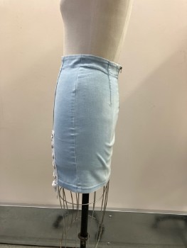 36 POINT 5, Faded Blue Stretch Denim Fitted Mini Skirt, No Waistband, Back Zip, 2 White Twill Tape And Grommet Lace Up Slits Front