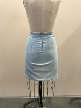 Womens, 1980s Vintage, Piece 2, 36 POINT 5, W:26, Faded Blue Stretch Denim Fitted Mini Skirt, No Waistband, Back Zip, 2 White Twill Tape And Grommet Lace Up Slits Front