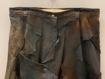 Mens, Sci-Fi/Fantasy Pants, NO LABEL, Dk Brown, Brown, Leather, 40/36, F.F, Zip Front, Patchy Top Leather Layer, Stitching Detail, Aged, Stirrups, Made To Order,