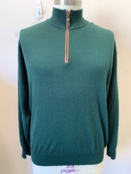 Mens, Pullover Sweater, ORVIS, Forest Green, Wool, Solid, XL, Knit, Rib Knit Stand Collar with Partial Zip at CF Neck, L/S