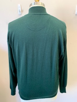 Mens, Pullover Sweater, ORVIS, Forest Green, Wool, Solid, XL, Knit, Rib Knit Stand Collar with Partial Zip at CF Neck, L/S