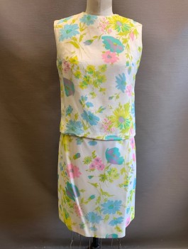 Womens, 1960s Vintage, Top, N/L, White, Chartreuse Green, Pink, Sky Blue, Yellow, Silk, Floral, B:34, Chiffon Over Opaque Lining, Sleeveless, Round Neck, Center Back Zipper