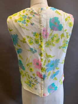 Womens, 1960s Vintage, Top, N/L, White, Chartreuse Green, Pink, Sky Blue, Yellow, Silk, Floral, B:34, Chiffon Over Opaque Lining, Sleeveless, Round Neck, Center Back Zipper