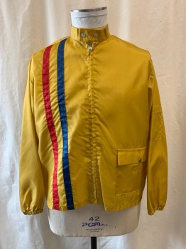 Mens, Windbreaker, SWINGSTER, Mustard Yellow, Nylon, XXL, Stand Collar with Tab & Buttons, Zip Front, 1 Pocket, Red & Blue Vertical Stripe