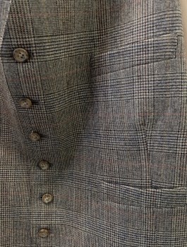 Mens, 1970s Vintage, Suit, Vest, Acadamy Awards, Beige, Brown, Wool, Glen Plaid, 40, 6 Button , 4 pocket