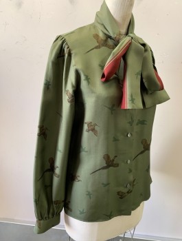 GLORIA SACHS, Olive Green, Red Burgundy, Multi-color, Silk, Birds, Novelty Pattern, Long Puffy Sleeves, Button Front, Stand Collar With Self Tie Neck With Maroon Stripes