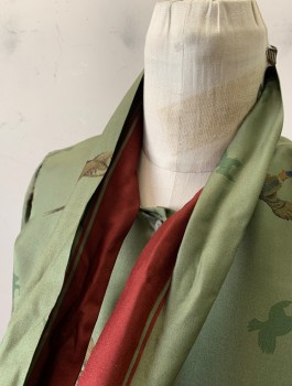 Womens, Blouse, GLORIA SACHS, Olive Green, Red Burgundy, Multi-color, Silk, Birds, Novelty Pattern, B:34, Long Puffy Sleeves, Button Front, Stand Collar With Self Tie Neck With Maroon Stripes