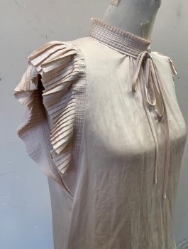 Womens, Blouse, FRAME, Ecru, Polyester, Solid, S, Satin, Accordion Pleated Cap Sleeves, Pleated Stand Collar with Keyhole Opening at Center Front, 1 Button & Loop Closure with Self Ties, Pullover