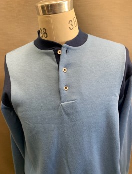 Mens, Shirt, DEE CEE, Navy Blue, Baby Blue, Acrylic, Solid, Color Blocking, L, L/S 3 Buttons Pullover with Color Block Inserts