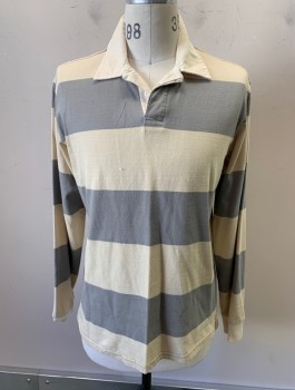 URBAN OUTFITTERS, Beige, Gray, Cotton, Stripes - Horizontal , Jersey, L/S, Rugby Shirt, Cream Twill Collar, 2 Button Placket