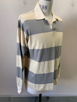 Mens, Polo, URBAN OUTFITTERS, Beige, Gray, Cotton, Stripes - Horizontal , S, Jersey, L/S, Rugby Shirt, Cream Twill Collar, 2 Button Placket