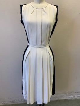 Womens, Dress, Sleeveless, O'2ND, Cream, Navy Blue, Gray, Polyester, Solid, Color Blocking, B32, Sz.2, W22, Crepe, Middle is Cream, Sides and Back are Navy, with Gray Edging, Vertical Pleats at Front, 1" Wide Self Belt Attached with Brown Zig Zag Stitch, Round Neck, Fitted, Knee Length