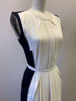 Womens, Dress, Sleeveless, O'2ND, Cream, Navy Blue, Gray, Polyester, Solid, Color Blocking, B32, Sz.2, W22, Crepe, Middle is Cream, Sides and Back are Navy, with Gray Edging, Vertical Pleats at Front, 1" Wide Self Belt Attached with Brown Zig Zag Stitch, Round Neck, Fitted, Knee Length