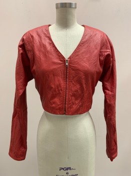 Womens, Leather Jacket, WILSONS, Red, Leather, Nylon, Solid, M, L/S, V Neck, Zip Front, Shoulder Pads