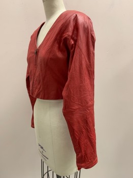 Womens, Leather Jacket, WILSONS, Red, Leather, Nylon, Solid, M, L/S, V Neck, Zip Front, Shoulder Pads