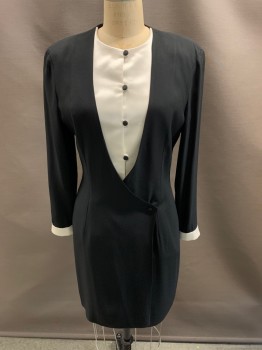 Womens, Cocktail Dress, GIORGIO ARMANI, Black, Polyester, Wool, W: 30, B: 36, H: 38, V-N, Surplice, L/S, White Cuffs, Round Neck, White Under Top With 5 Buttons, Hem Below Knee