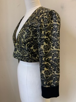 Womens, Jacket, NO LABEL, Black, Gold, Polyester, Brocade, L, L/S, Open Front Folded Cuffs