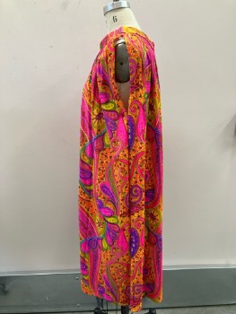 CHARLOTTA, Neon Multicolor Paisley Nylon, Full Gathers From Wide Cowl,  Neck,  Slvls, Pull On, Key Hole Back