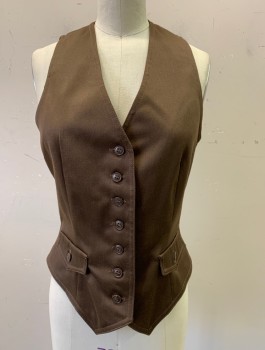 Womens, Vest, ANNE KLEIN, Brown, Wool, Solid, B:32, Gabardine, 7 Buttons, V Neck,  2 Decorative/Non Functional Pocket Flaps With Buttons