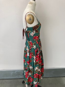 Womens, Dress, HULALA, Forest Green, Red, White, Brown, Gold, Cotton, Floral, W23, B30, Spaghetti Straps, Round Neck, With Bronze Rhinestone , CF  Darts, Knife Pleats At Skirt, CB Zip &Smocking .
