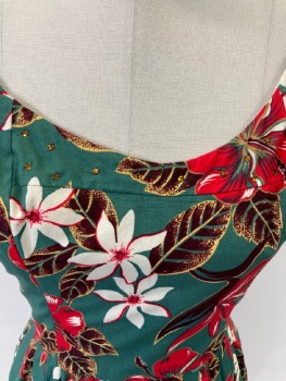 Womens, Dress, HULALA, Forest Green, Red, White, Brown, Gold, Cotton, Floral, W23, B30, Spaghetti Straps, Round Neck, With Bronze Rhinestone , CF  Darts, Knife Pleats At Skirt, CB Zip &Smocking .