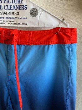 Mens, Swim Trunks, RVCA, Dk Blue, Lt Blue, Red, Polyester, Spandex, Ombre, Color Blocking, W30, Lace Up Waistband, Zip Front, Back Pocket With Velcro Flap, Large Logo On Leg