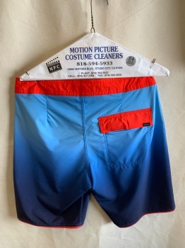 Mens, Swim Trunks, RVCA, Dk Blue, Lt Blue, Red, Polyester, Spandex, Ombre, Color Blocking, W30, Lace Up Waistband, Zip Front, Back Pocket With Velcro Flap, Large Logo On Leg