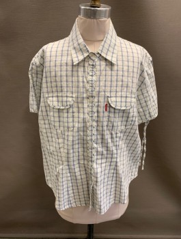 LEVI'S, White, Navy Blue, Cream, Cotton, Plaid, S/S, Button Front, 2 Patch Pockets With Flaps, Slit In Sleeve With Ties, Red Levi Logo, MULTIPLES