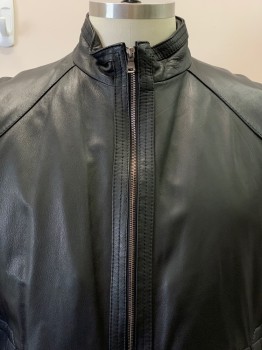 Mens, Leather Jacket, HUGO BOSS, Black, Leather, Solid, 48R, Band Collar, Zip Front, Side Pckts, Stitch Detail