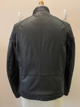 Mens, Leather Jacket, HUGO BOSS, Black, Leather, Solid, 48R, Band Collar, Zip Front, Side Pckts, Stitch Detail