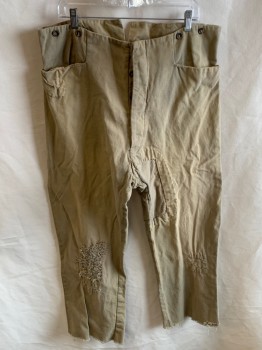 Mens, Historical Fiction Pants, NL, Khaki Brown, Cotton, Solid, 26, 38, High Waist, Suspender Buttons, Button Front, 2 Pockets, Back Half Belt, Aged, Patched, Holes