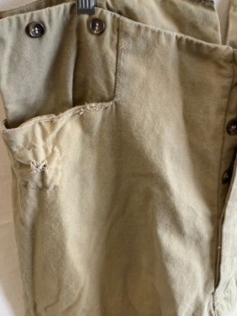 Mens, Historical Fiction Pants, NL, Khaki Brown, Cotton, Solid, 26, 38, High Waist, Suspender Buttons, Button Front, 2 Pockets, Back Half Belt, Aged, Patched, Holes
