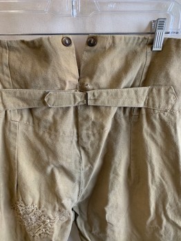 NL, Khaki Brown, Cotton, Solid, High Waist, Suspender Buttons, Button Front, 2 Pockets, Back Half Belt, Aged, Patched, Holes