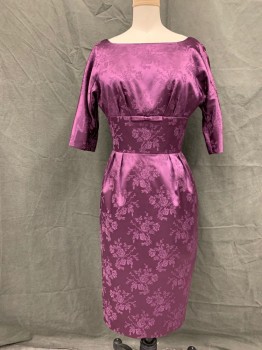 MTO, Purple, Silk, Solid, Floral, Jaquard Floral Pattern, Boat Neck, Dolman 3/4 Sleeve, Open Back, Zip Back, 4" Waistband, Knee Length, Pleated Upwards From Waistband, Pleated Skirt, Self Tie Attached at Center Front,