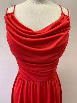 Night Vision, Red, Polyester, Solid, Spaghetti Strap and Tie Back, Scoop Neck, Draped Chest, Back Zipper,