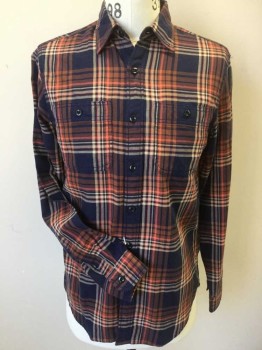 Mens, Casual Shirt, J. CREW, Navy Blue, Orange, Brown, Peach Orange, Cotton, Plaid, S, Collar Attached, Button Front, 2 Pockets, Long Sleeves,