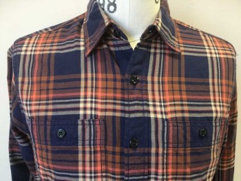 Mens, Casual Shirt, J. CREW, Navy Blue, Orange, Brown, Peach Orange, Cotton, Plaid, S, Collar Attached, Button Front, 2 Pockets, Long Sleeves,