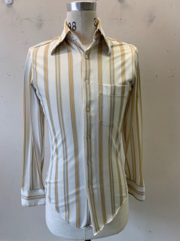 William Gary, White, Blue, Mustard Yellow, Tan Brown, Polyester, Nylon, Stripes, L/S, Button Front, C.A., Chest Pocket