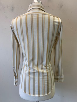 Mens, Shirt, William Gary, White, Blue, Mustard Yellow, Tan Brown, Polyester, Nylon, Stripes, 32, 14 1/2, L/S, Button Front, C.A., Chest Pocket