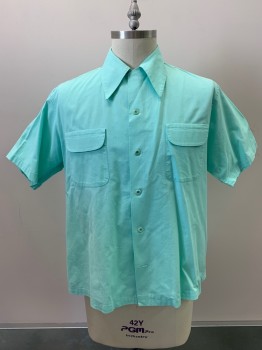 NO LABEL, Cyan Blue, Cotton, Solid, S/S, Button Front, Collar Attached, Chest Pockets