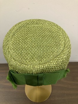 GENE DORIS, Pillbox Hat, Green With Bow, Basket Weave