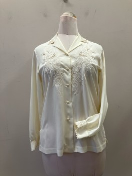 HAND EMBROIDERY, Cream Silk, B.F., Self Covered Buttons, L/S, Satin Embroidery And Openwork CF/Collar/Cuffs,