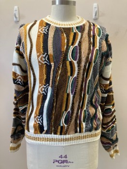 Mens, Sweater, CAMPUS, Off White, Camel Brown, Black, Dk Green, Lavender Purple, Acrylic, Abstract , Stripes, C: 46, Pullover, CN, L/S, Knit