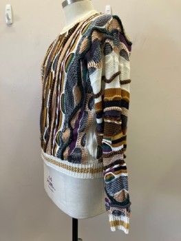 Mens, Sweater, CAMPUS, Off White, Camel Brown, Black, Dk Green, Lavender Purple, Acrylic, Abstract , Stripes, C: 46, Pullover, CN, L/S, Knit