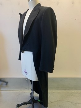 Mens, Tailcoat 1890s-1910s, NO LABEL, Black, Wool, Solid, 42, Double Breasted, Open Front, Peaked Lapel, Chest Pocket
